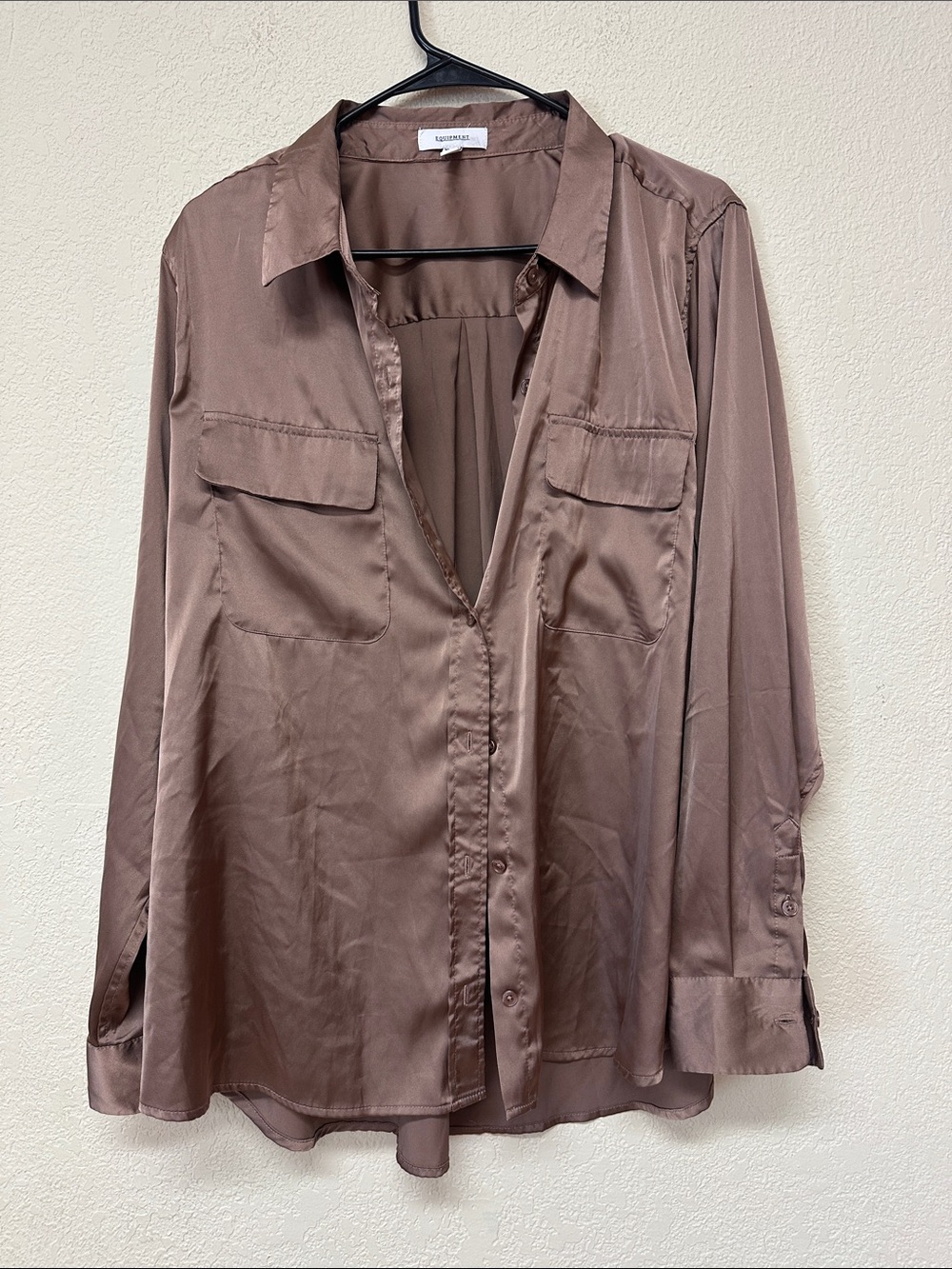 Equipment womans long sleeve Satin Chocolate-Brown Button Down Shirt XL
